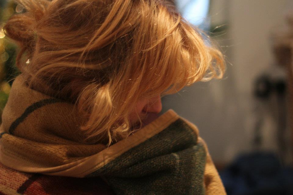 Roo in blanket, hiding face